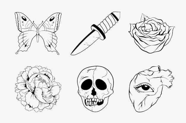 Free vector black and white outline old school flash tattoo design vector collection