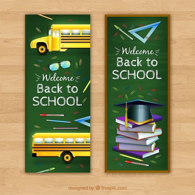 Free Vector blackboard banners with school material and bus