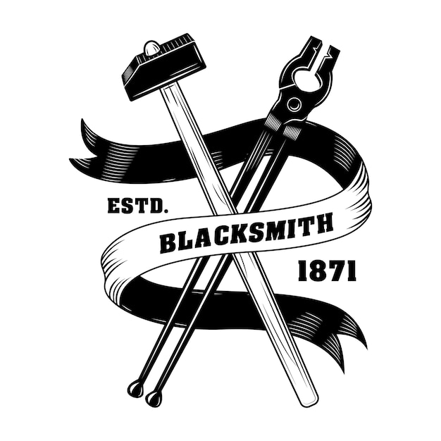 Free Vector blacksmiths instrument vector illustration. crossed hammers, pliers, ribbon with text. craft and metalwork concept for emblems or labels templates