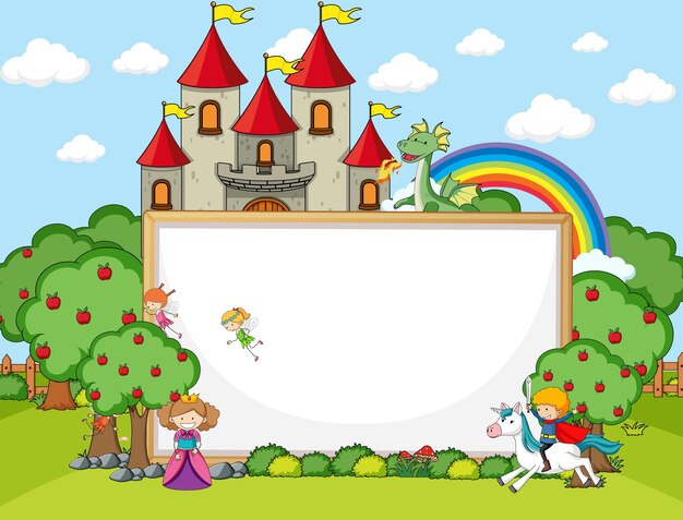 Blank banner in the forest scene with fairy tales cartoon character and elements