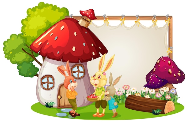 Blank banner in the garden with rabbit family isolated