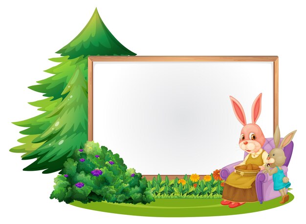 Blank banner in the garden with two rabbits isolated