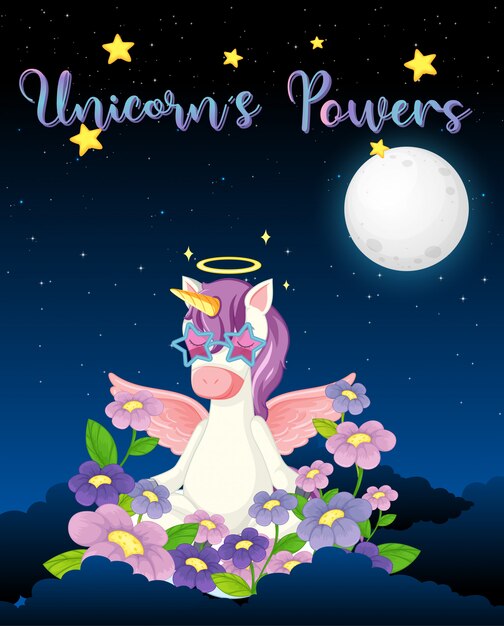 Blank banner with cute unicorn in night sky background