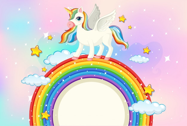 Blank banner with cute unicorn in the pastel sky background