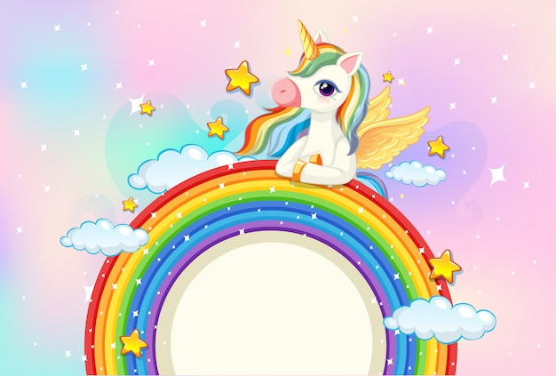 Blank banner with cute unicorn on rainbow in the pastel sky background