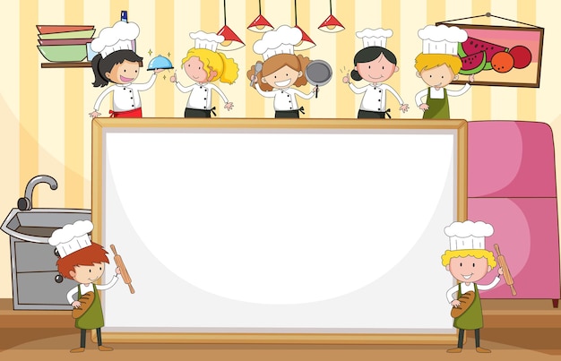 Blank banner with many little chefs in the kitchen