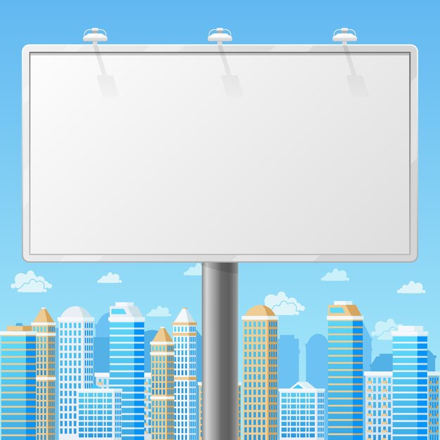 Blank billboard with urban background. Advertising commercial frame, advertisement blank, outdoor board or poster. Empty billboard with city background vector illustration