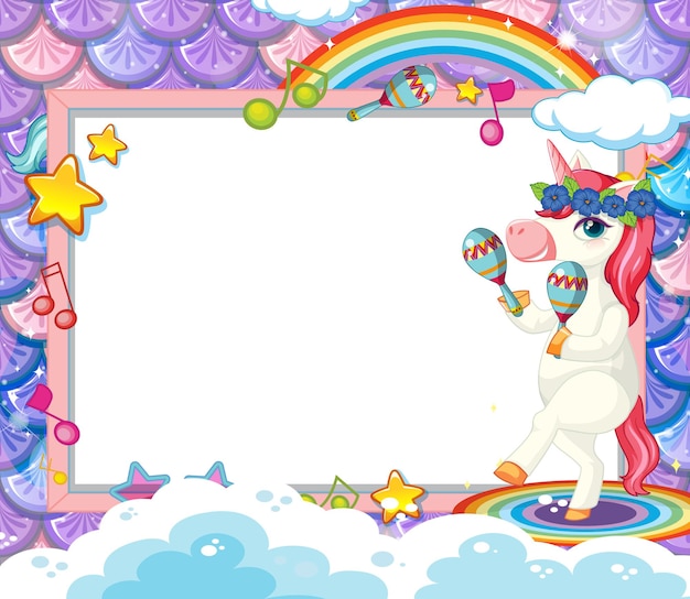 Blank frame with cute unicorn cartoon character