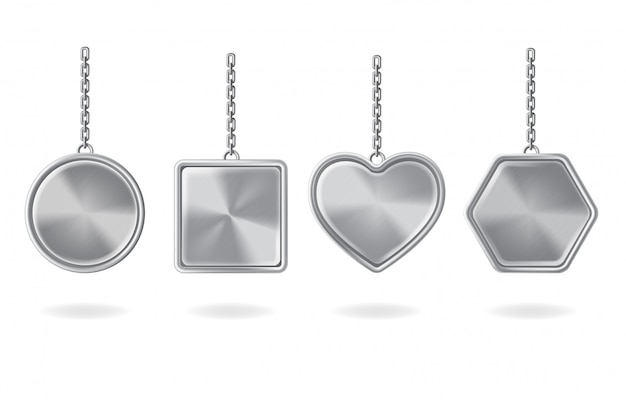 Free vector blank keychains set. silver pendants with round, square, heart and hexagon shapes