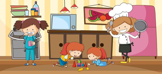 Blank kitchen scene with many kids doodle cartoon character