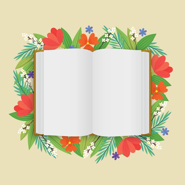 A blank opened white book with flowers in flat style