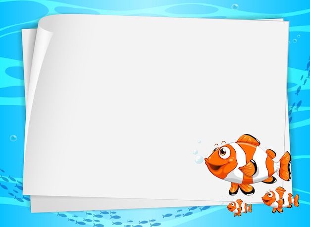 Blank paper banner with cute fish and on the underwater background