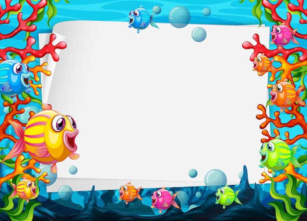 Blank paper sheet with colorful exotic fishes cartoon character in the underwater scene