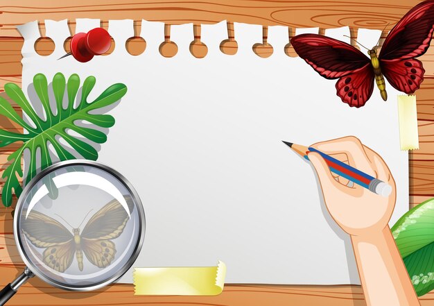 Blank paper on the table top view with leaves and butterfly elements