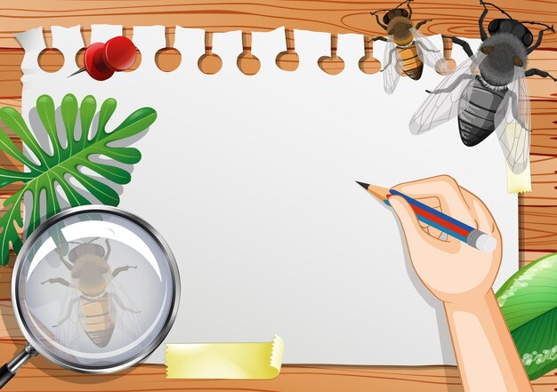 Blank paper on the table top view with leaves and insects elements