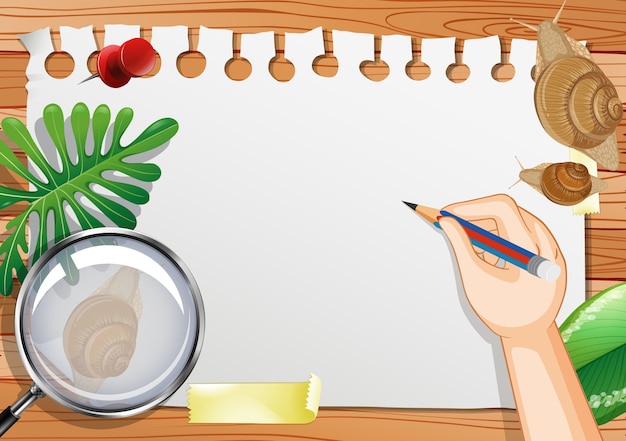 Blank paper on the table top view with leaves and snail elements