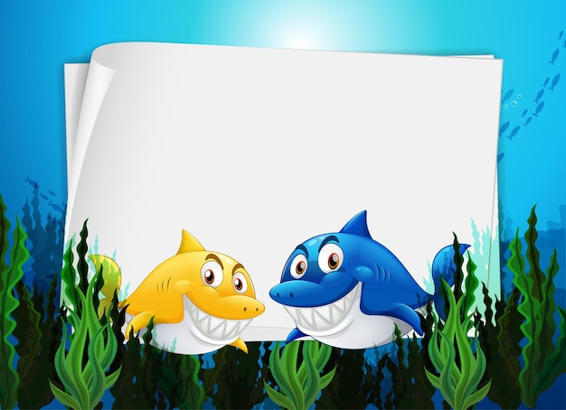 Free Vector blank paper template with many sharks cartoon character in the underwater scene