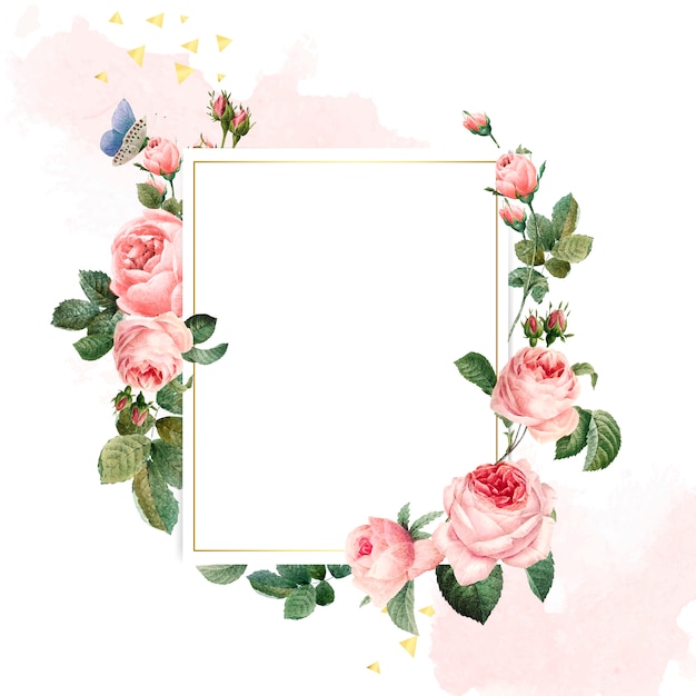 Blank rectangle pink roses frame on pink and white background