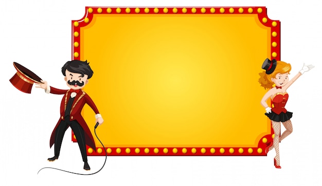 Blank retro sign with man and woman from circus show