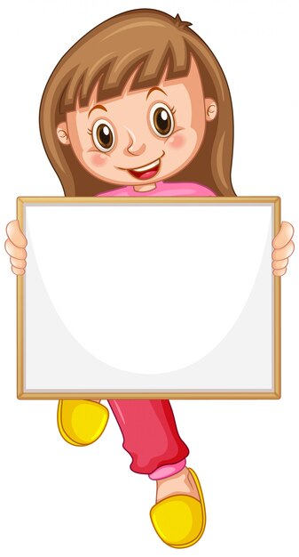 Blank sign template with cute girl on white background