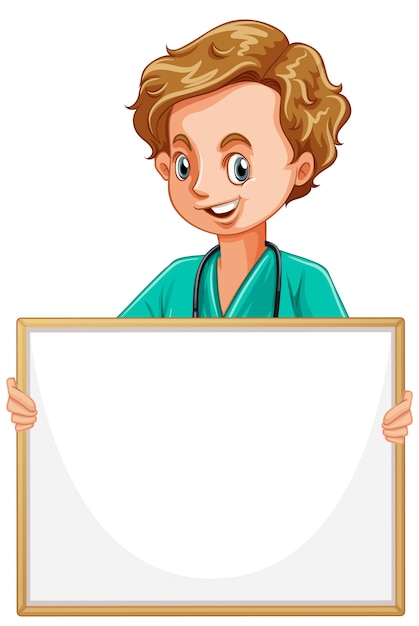 Blank sign template with happy doctor on white background