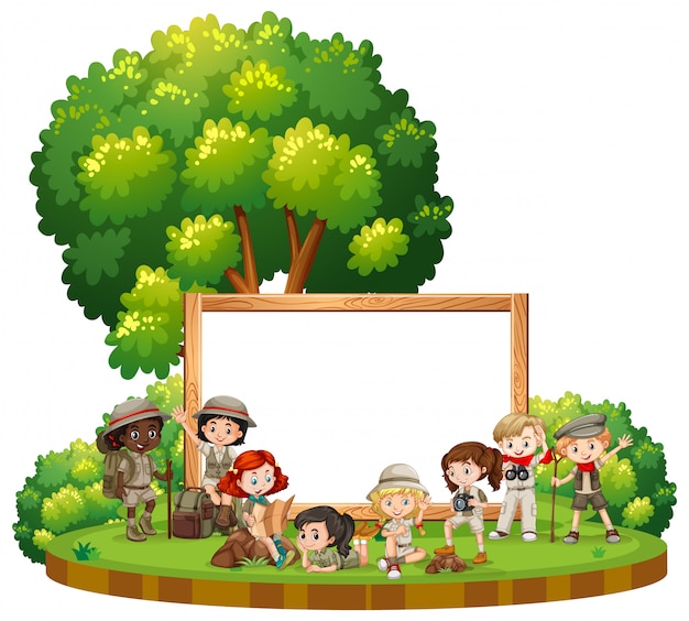 Blank sign template with kids in outdoor outfit