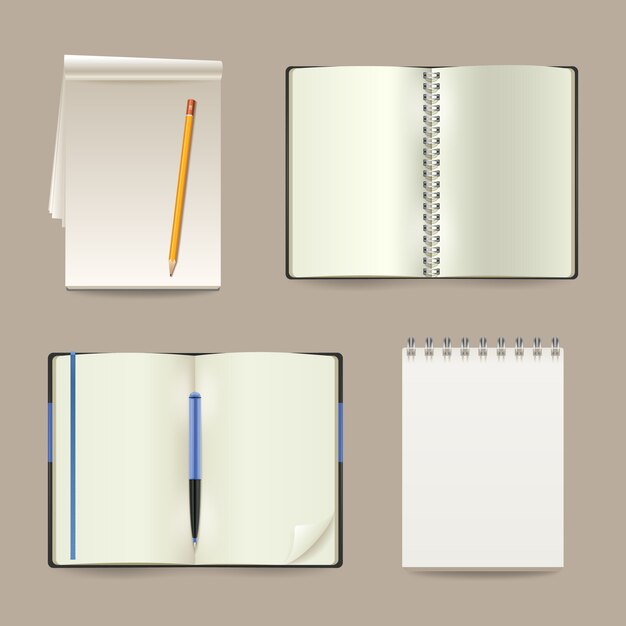 Blank white open realistic paper notebooks set 