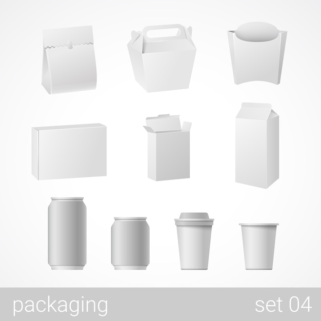 Blank white packaging objects isolated on white illustration