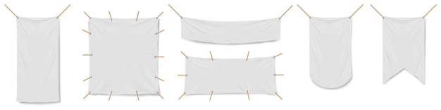 Blank white vinyl banners flags and pennants template Mockup of empty fabric advertising posters Vector realistic set of horizontal and vertical canvas streamers and pennons hanging with ropes