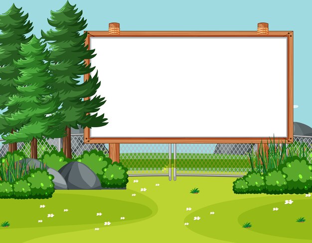 Blank wooden frame in nature park scene with pines