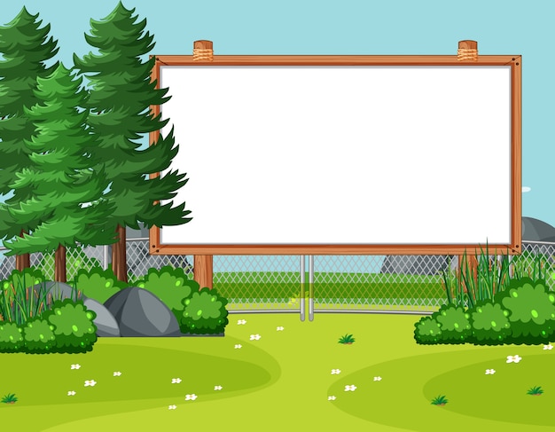 Free Vector blank wooden frame in nature park scene with pines