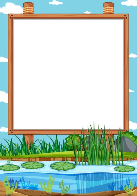 Free Vector blank wooden frame in nature park scene with swamp