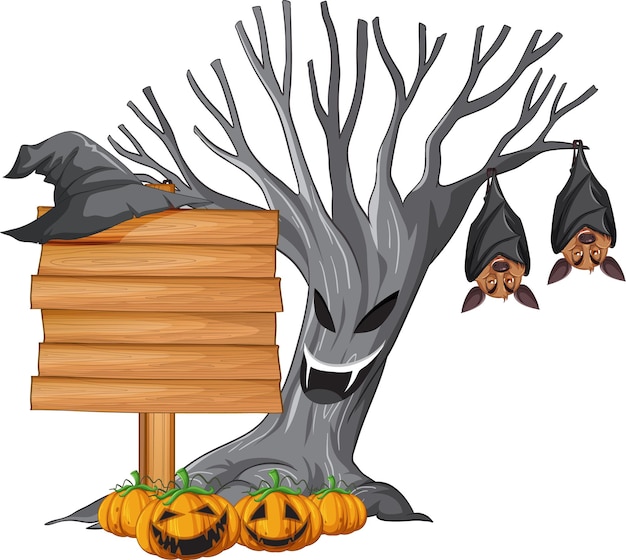 Free Vector blank wooden signboard with bat in halloween theme