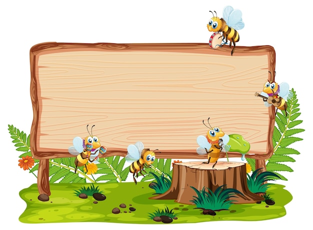 Blank wooden signboard with bee cartoon