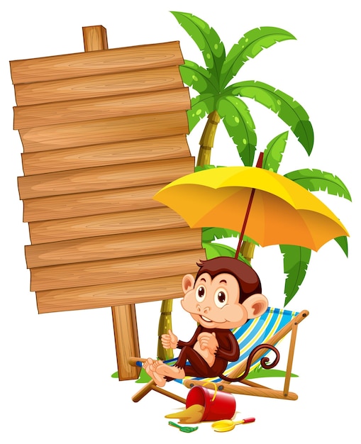 Blank wooden signboard with cute monkey