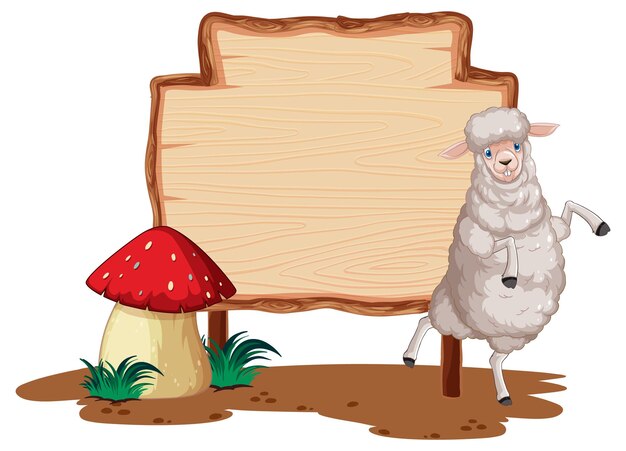 Blank wooden signboard with cute sheep