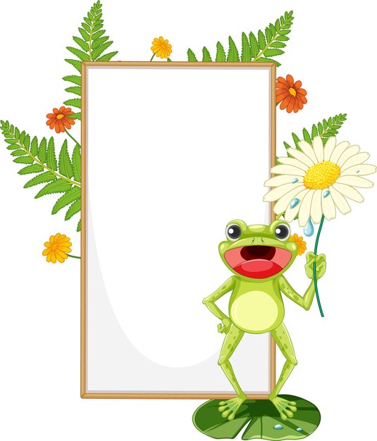 Blank wooden signboard with frog in cartoon style