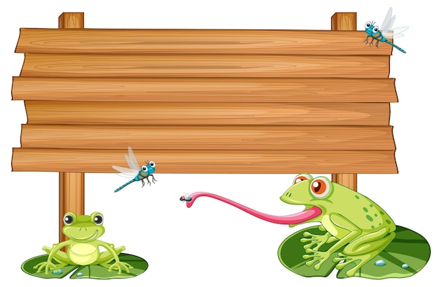 Blank wooden signboard with frogs