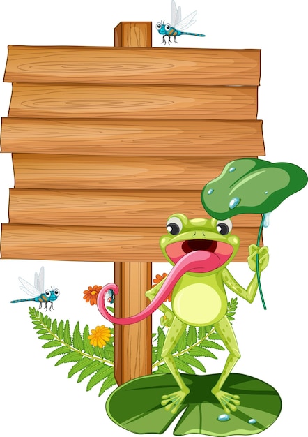 Blank wooden signboard with frogs