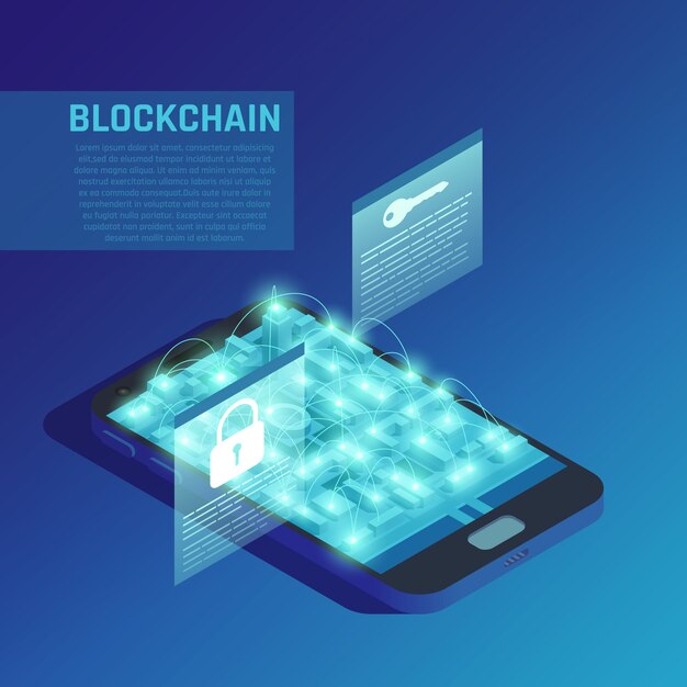 Blockchain composition on blue demonstrating modern technologies of secure encrypted data transmission