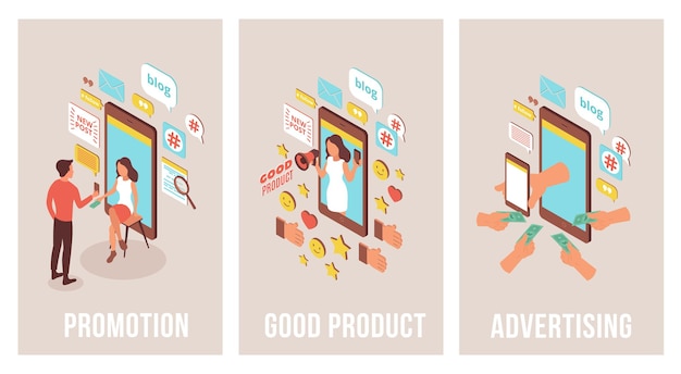 Blogger advertising isometric set of three vertical banners with images of smartphones