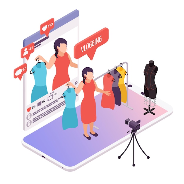 Free Vector blogger streaming for online fashion isometric illustration