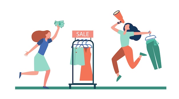 Blogger with megaphone advertising sale in fashion store. Customer running for shopping flat illustration.