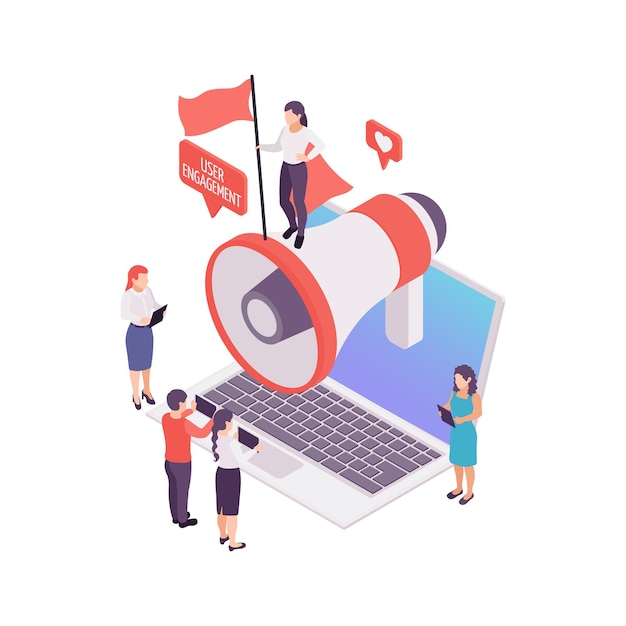 Free Vector blogging user engagement isometric concept with megaphone and people 3d illustration