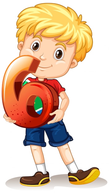 Free vector blonde boy holding math number six