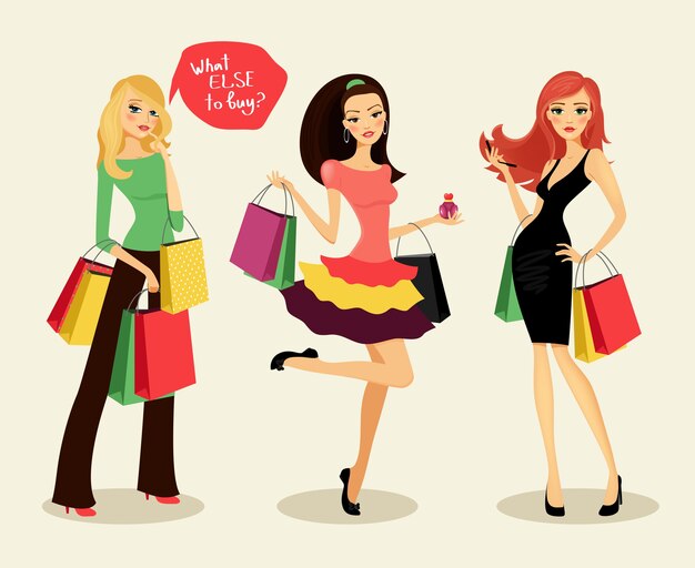 blonde, brunette and redhead fashion shopping girls with bags and packages in hand, glad purchases, vector illustration