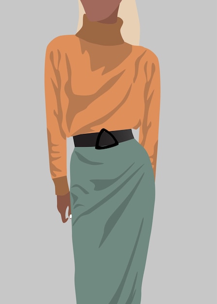 Blonde woman dressed in orange sweater and green skirt.