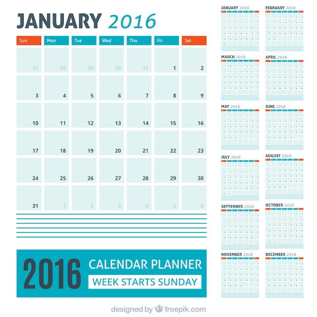 Blue 2016 calendar with red details