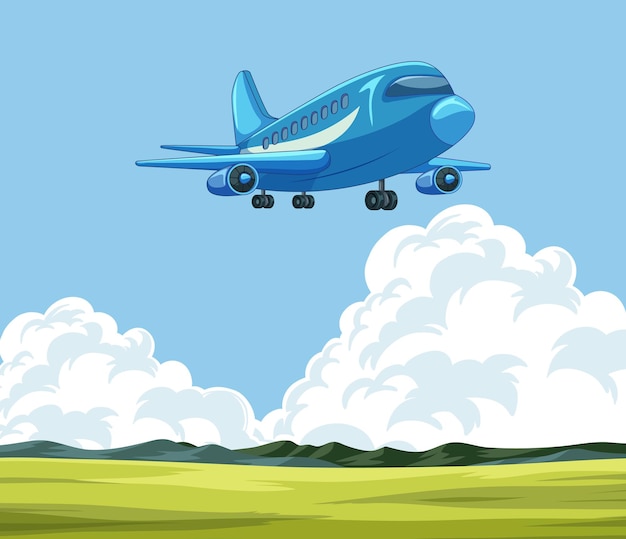 Free Vector blue airplane flying over green fields