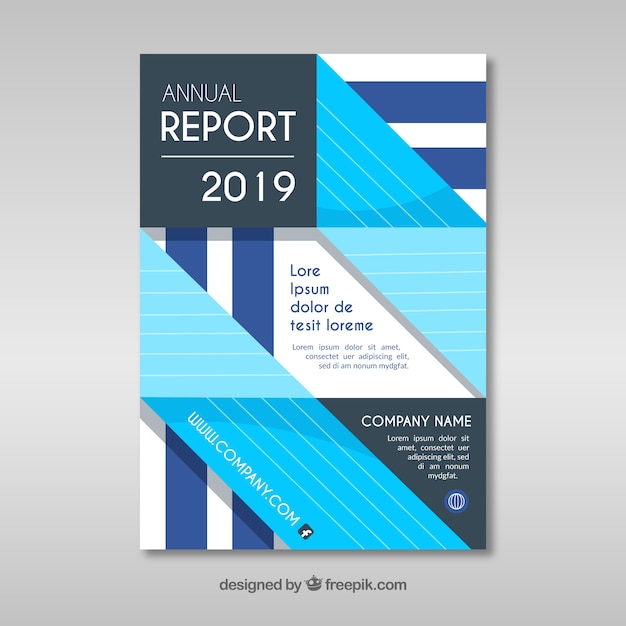 Blue annual report cover with geometric shapes